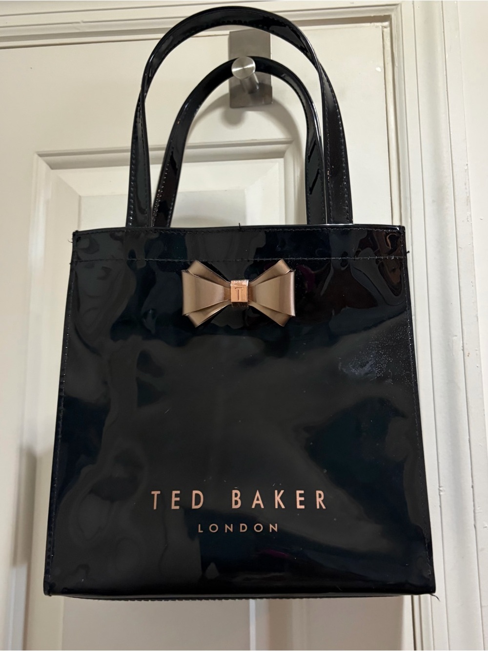 Ted Baker Black Patent Tote with Rose Gold Bow Accent